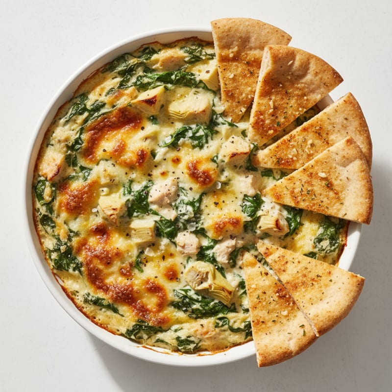 Baked Spinach Artichoke Dip with Toasted Pita