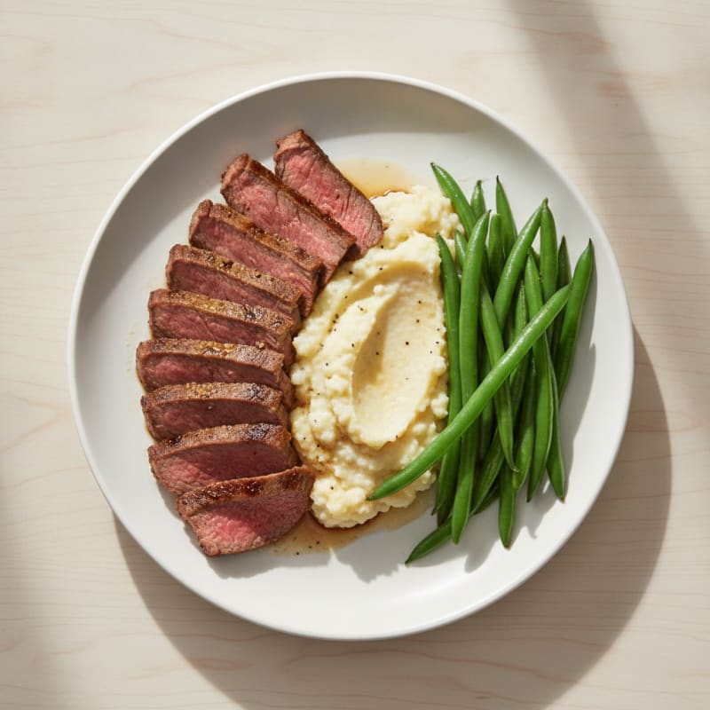 Seared Lean Beef Strips with Steamed Green Beans and Cauliflower Mash