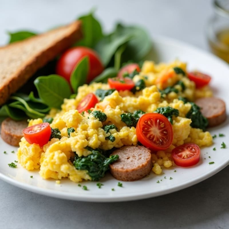 Egg White and Turkey Sausage Scramble with Spinach, Tomatoes & Toast