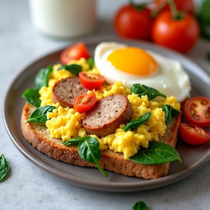Egg White Scramble with Spinach, Turkey Sausage & Tomato on Toast