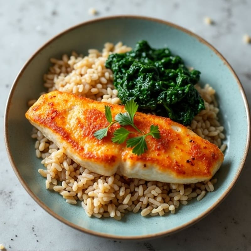 Spicy Tilapia Fillet with Steamed Spinach and Brown Rice