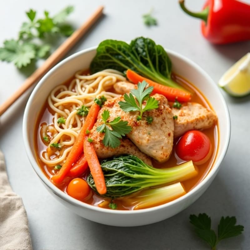 Spicy Sriracha Chicken and Fresh Vegetable Noodle Soup
