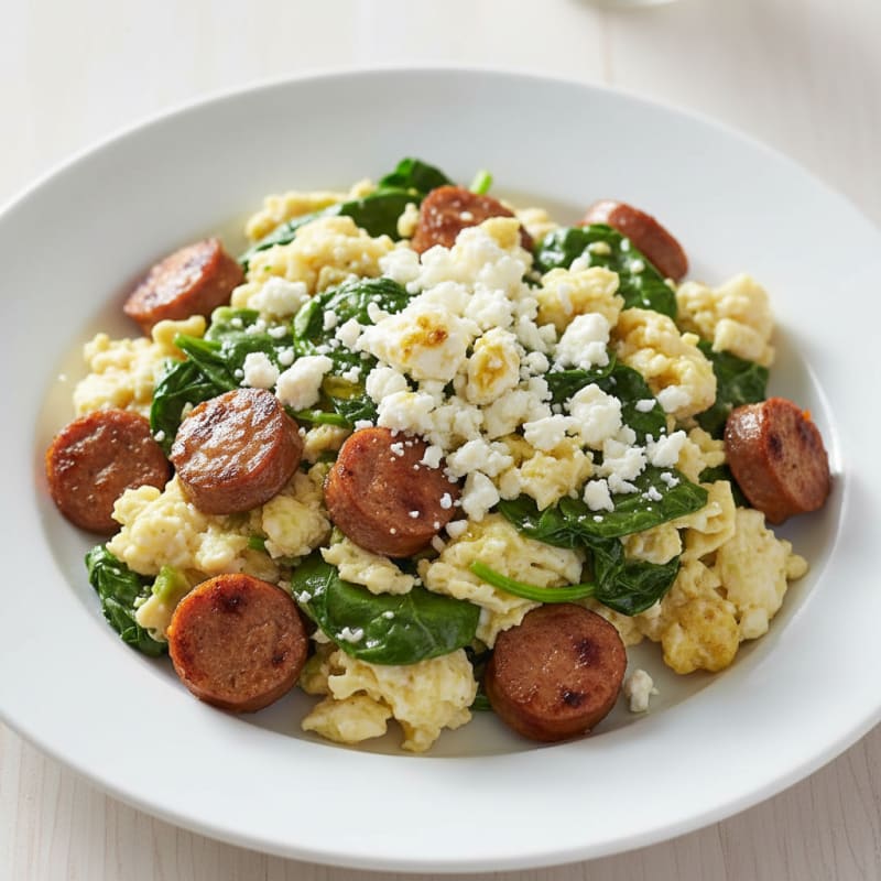 Egg White and Turkey Sausage Scramble with Spinach and Feta
