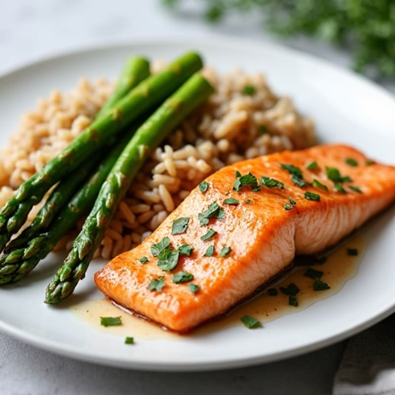 Seared Salmon with Steamed Asparagus and Brown Rice