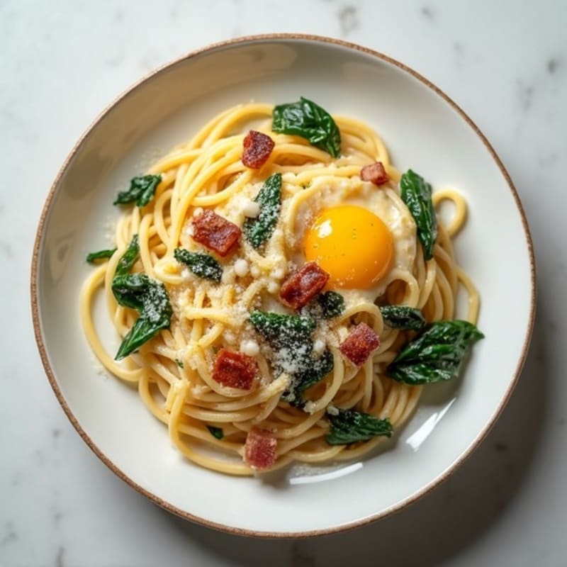 Creamy Protein-Packed Carbonara with Crispy Turkey Bacon and Spinach