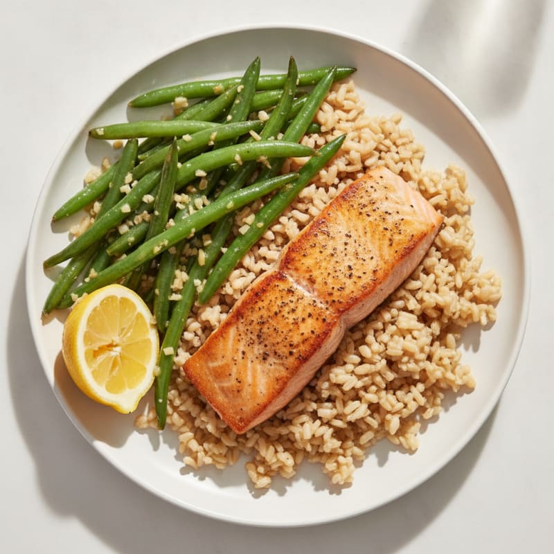 Seared Salmon with Garlic Green Beans and Brown Rice