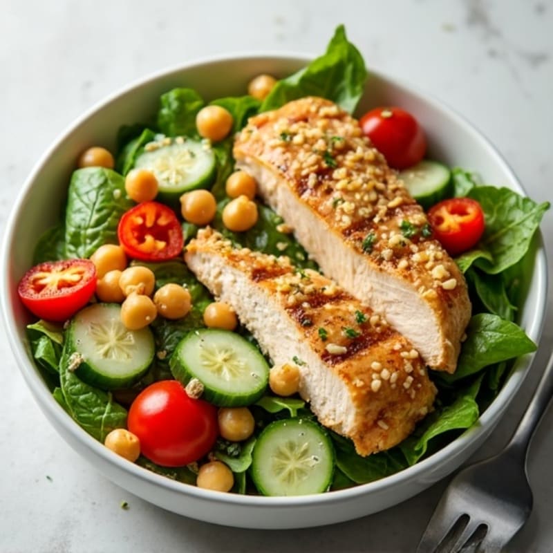 Grilled Chicken Breast Salad with Chickpeas and Lemon-Tahini Dressing