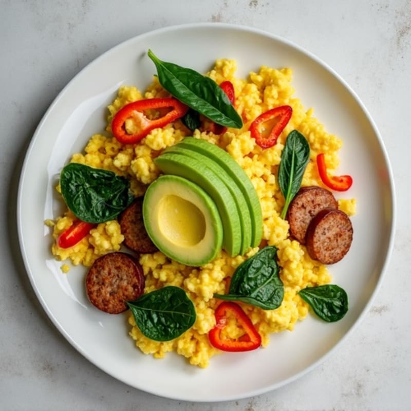 Egg White and Turkey Sausage Scramble with Spinach and Bell Peppers