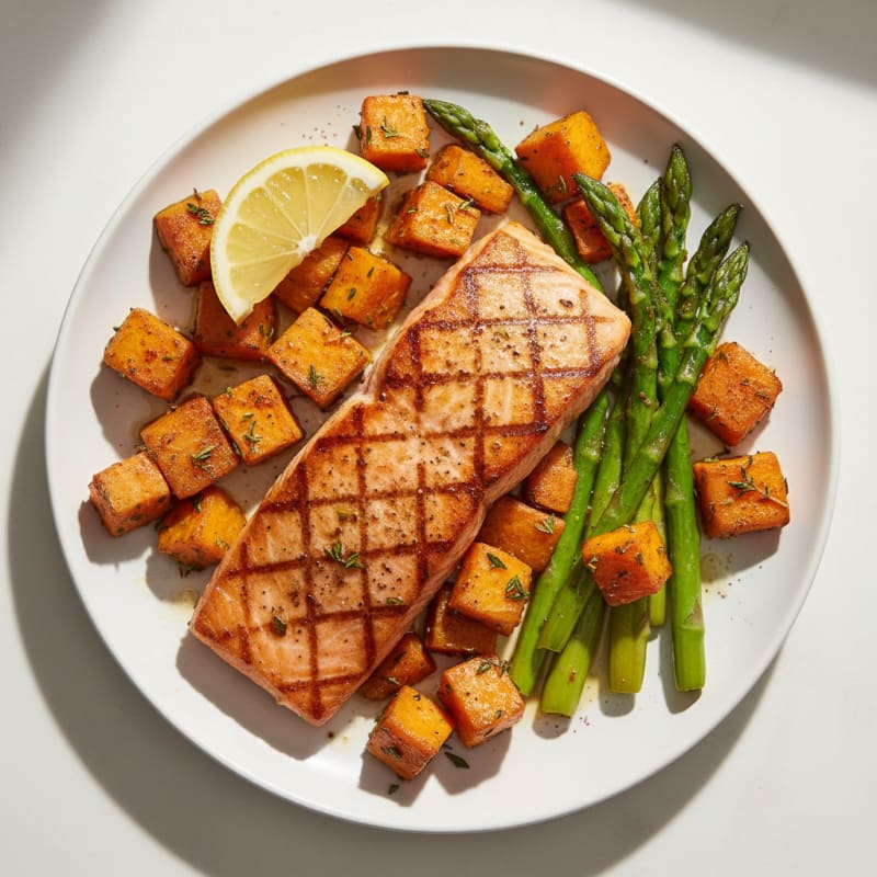 Seared Salmon with Roasted Sweet Potato and Asparagus