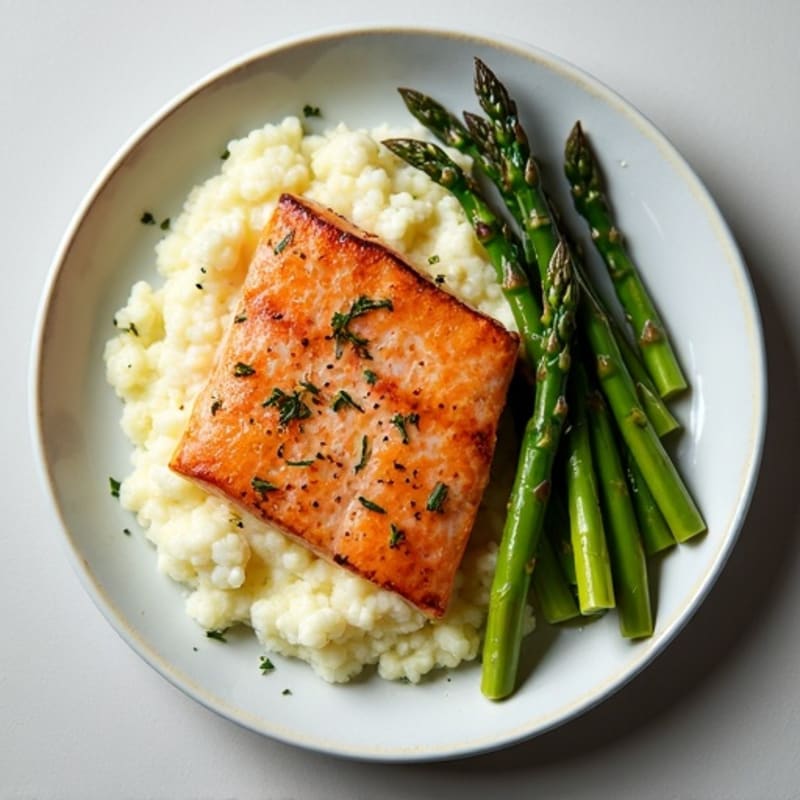 Seared Salmon with Roasted Asparagus and Cauliflower Mash
