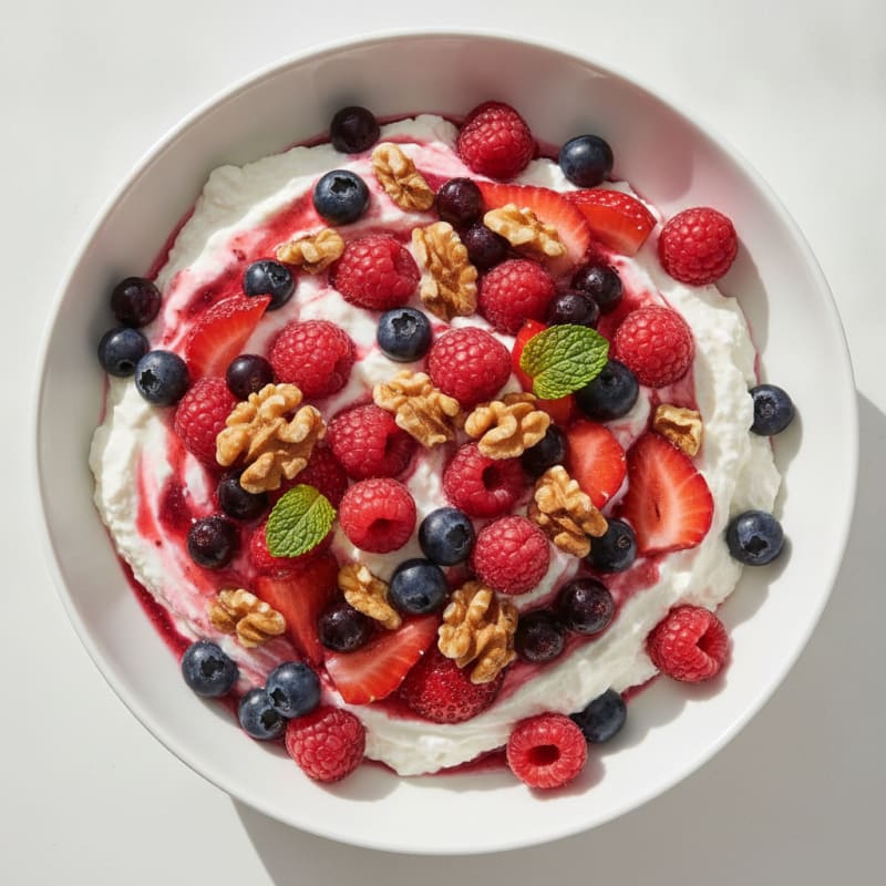 Thick Greek Yogurt with Mixed Berries and Vanilla Protein Powder