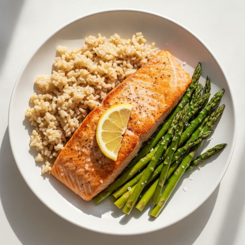 Pan-Seared Salmon with Steamed Asparagus and Brown Rice