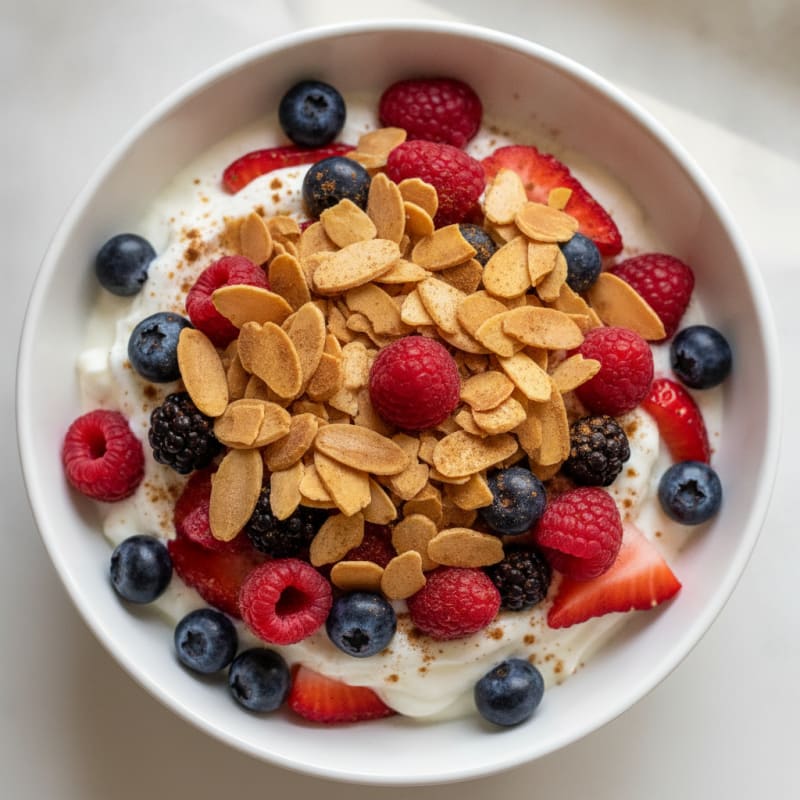 Greek Yogurt Protein Parfait with Mixed Berries and Almonds