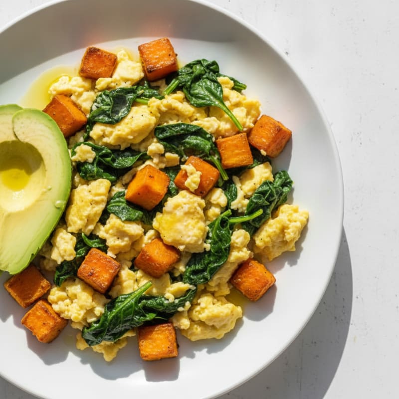 Scrambled Eggs with Sautéed Spinach and Roasted Sweet Potato