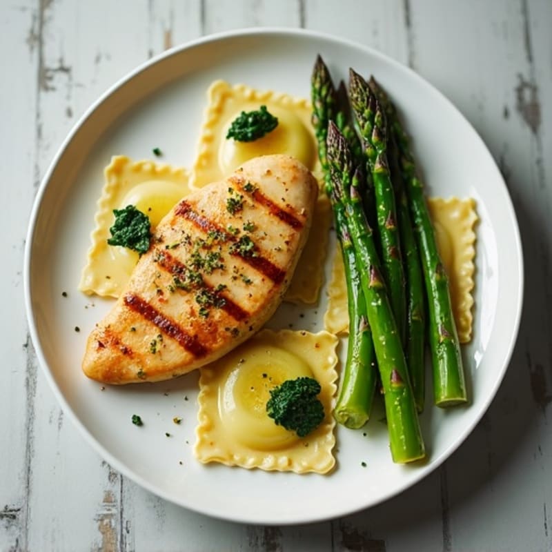 Spinach Ravioli with Lemon-Herb Chicken and Roasted Asparagus