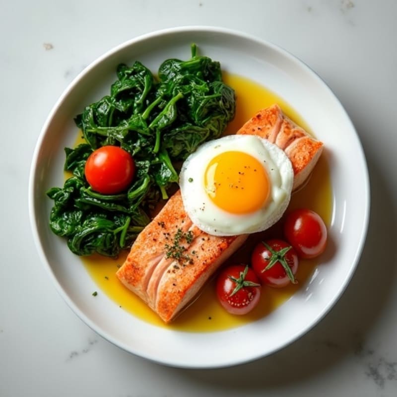 Seared Salmon with Roasted Tomatoes, Sautéed Spinach & Poached Egg