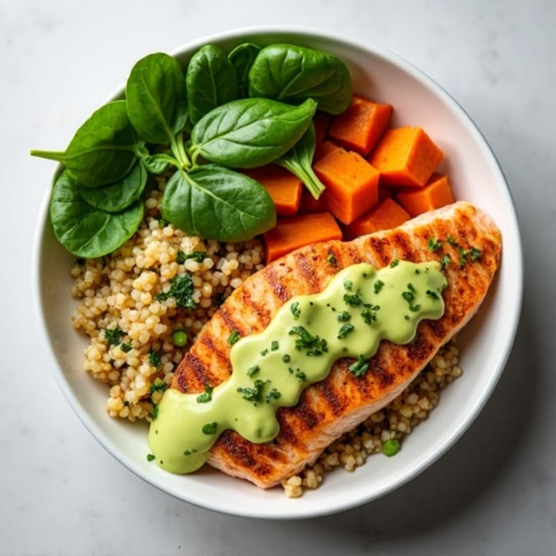 Crispy Salmon Power Bowl with Roasted Sweet Potatoes, Quinoa, and Creamy Avocado Dressing