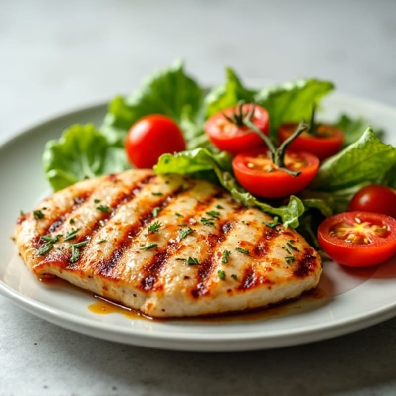 Grilled Chicken Breast with Crisp Romaine and Cherry Tomato Salad