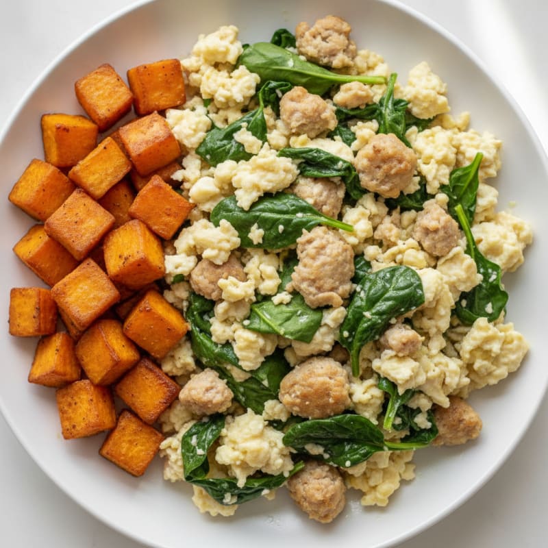 Egg White and Turkey Sausage Scramble with Spinach and Roasted Sweet Potato