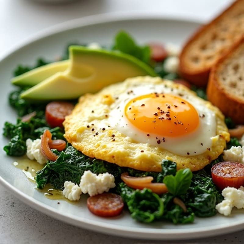 Egg White and Turkey Sausage Scramble with Cottage Cheese and Sautéed Spinach