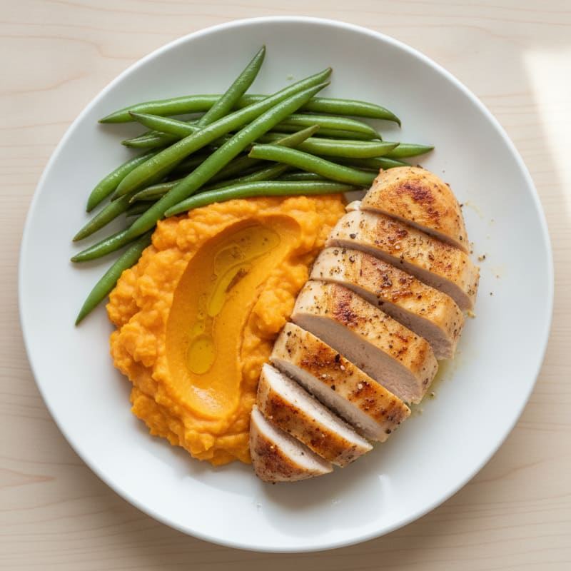 Oven-Baked Chicken Breast with Steamed Green Beans and Sweet Potato Mash