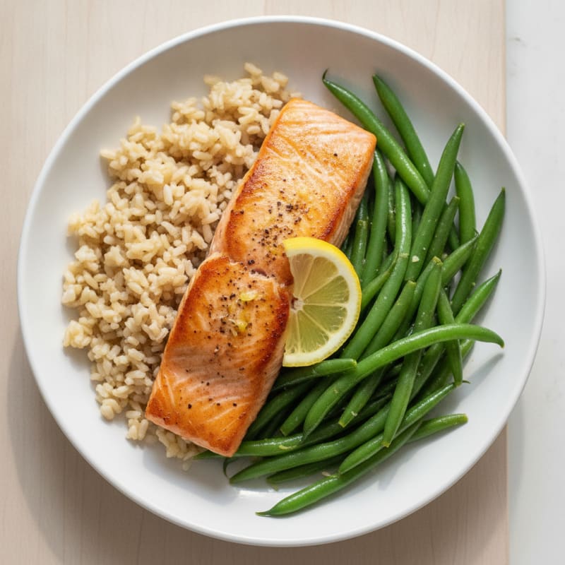 Seared Salmon with Steamed Green Beans and Brown Rice