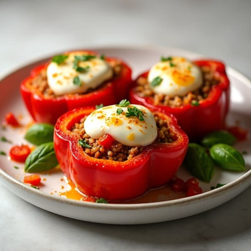 Roasted Bell Peppers Stuffed with Spicy Turkey and Melty Mozzarella