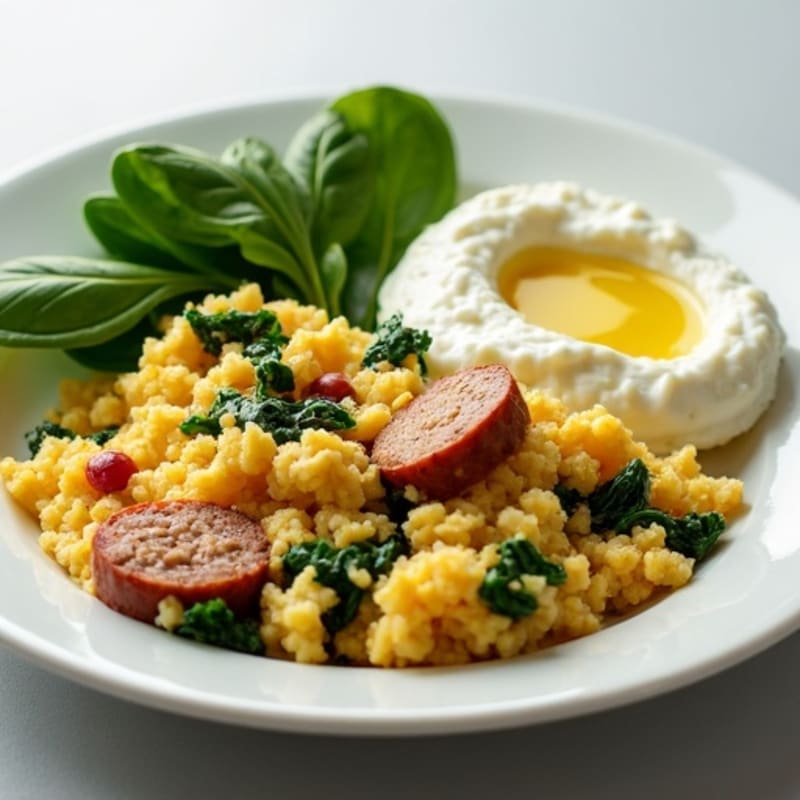Egg White and Turkey Sausage Scramble with Cottage Cheese and Spinach