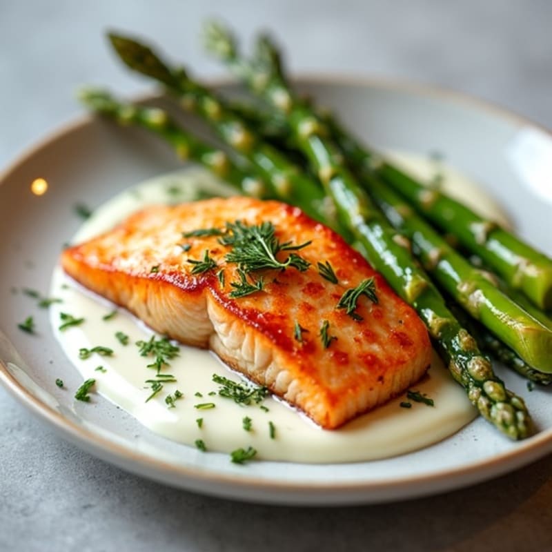 Crispy Pan-Seared Salmon with Lemon Dill Sauce and Roasted Asparagus
