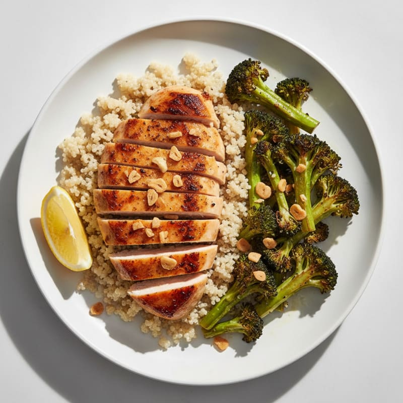 Seared Chicken Breast with Quinoa and Roasted Broccoli