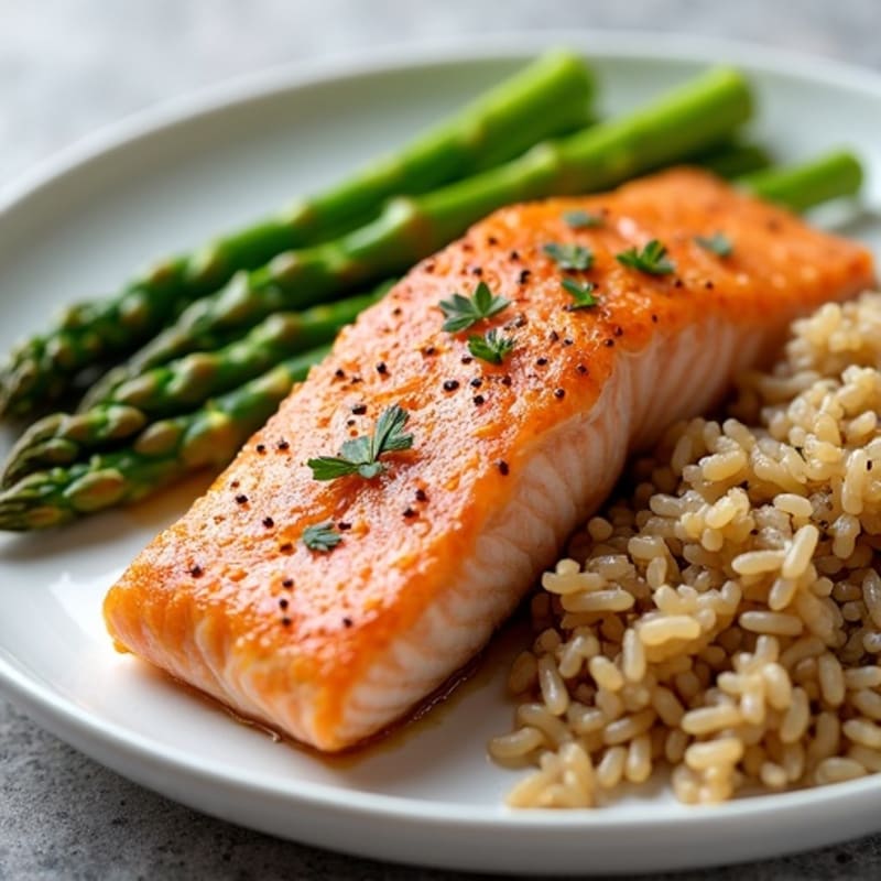 Seared Salmon with Steamed Asparagus and Brown Rice