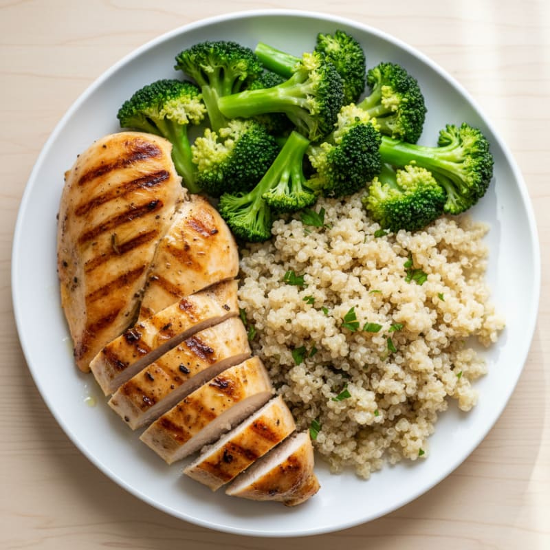 Grilled Chicken Breast with Steamed Broccoli and Quinoa