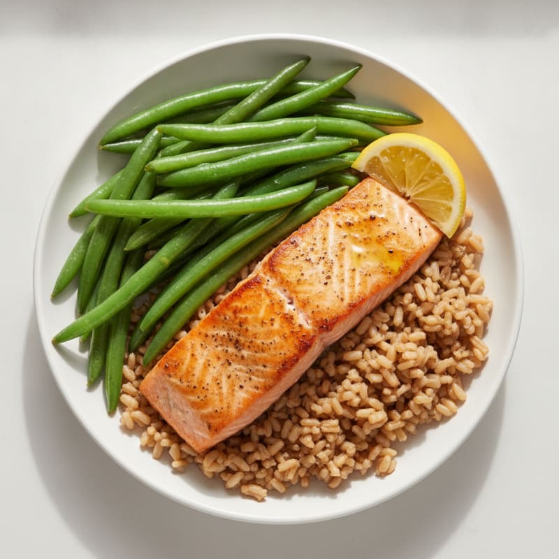 Seared Salmon with Steamed Green Beans and Brown Rice