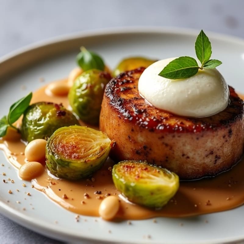 Tender Slow-Braised Pork Belly with Crispy Brussels Sprouts
