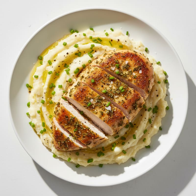 Roasted Garlic Cauliflower Mash with Herb-Crusted Chicken