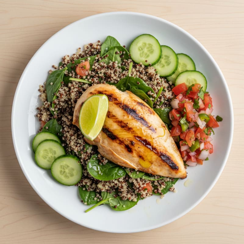 Grilled Chicken with Quinoa Spinach Salad and Salsa