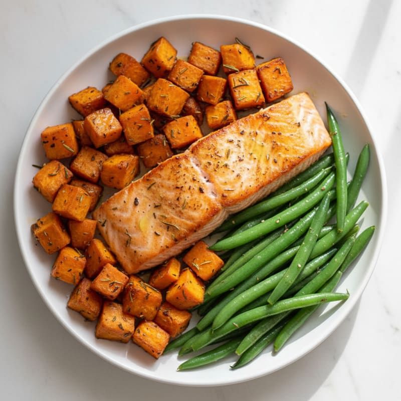 Seared Salmon Fillet with Herb-Roasted Sweet Potatoes and Steamed Green Beans