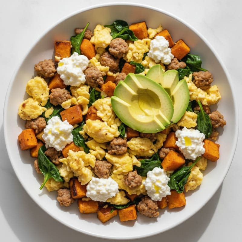 Scrambled Egg and Turkey Sausage Skillet with Cottage Cheese