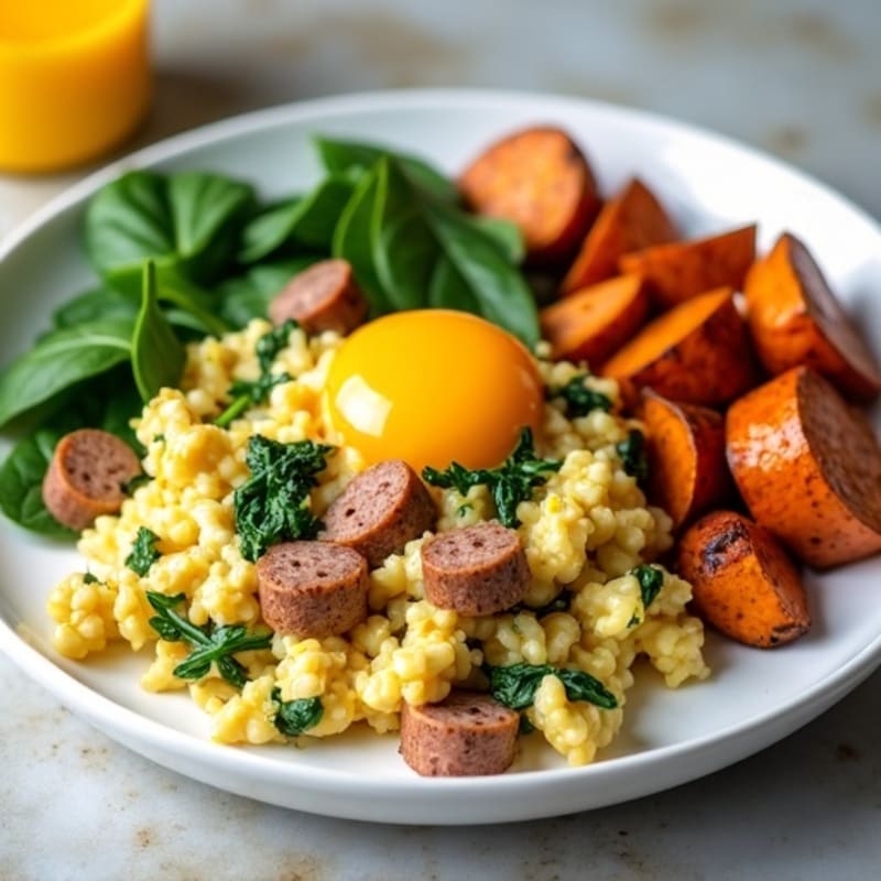 Egg White and Turkey Sausage Scramble with Spinach and Roasted Sweet Potatoes