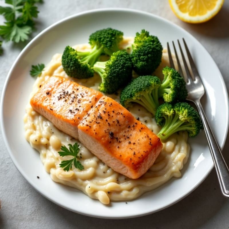 Seared Salmon with Roasted Broccoli and Garlic Mashed White Beans