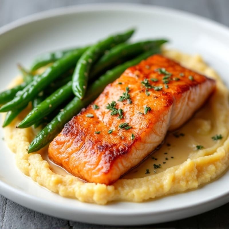 Seared Salmon with Garlic Green Beans and Sweet Potato Mash