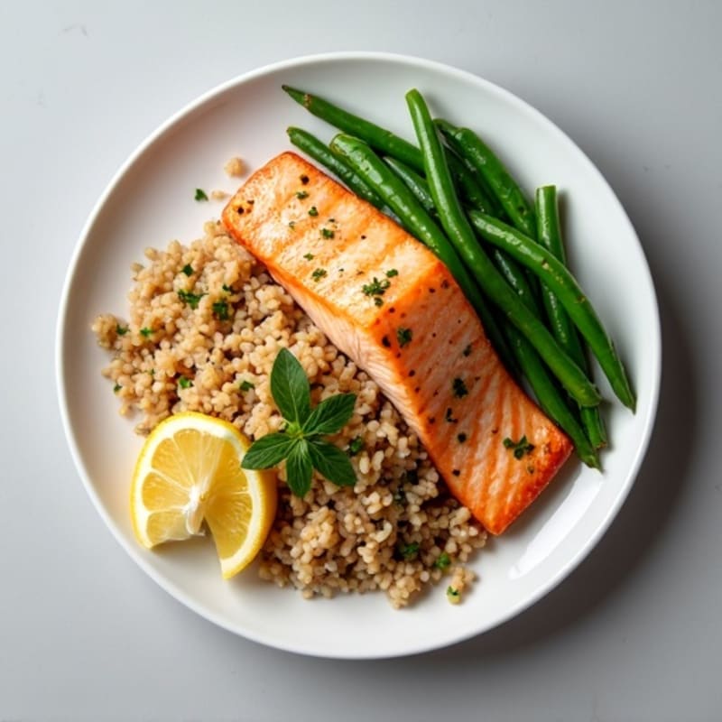 Seared Salmon Fillet with Garlic Green Beans and Brown Rice