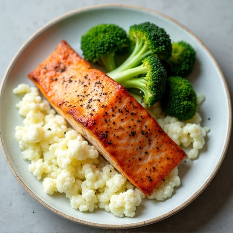Seared Salmon with Roasted Broccoli and Garlic Mashed Cauliflower