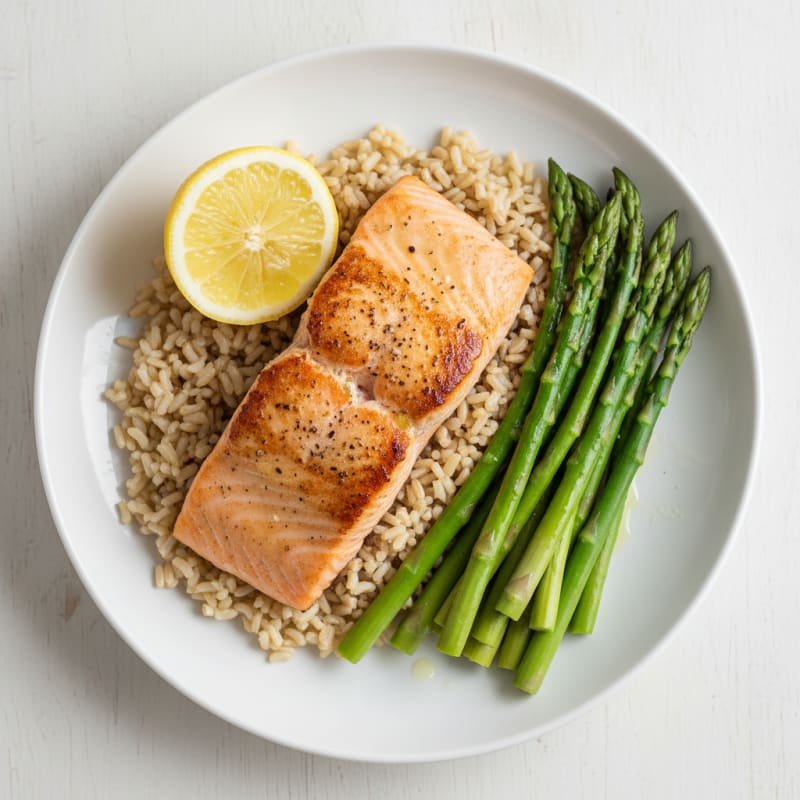 Seared Salmon with Steamed Asparagus and Brown Rice