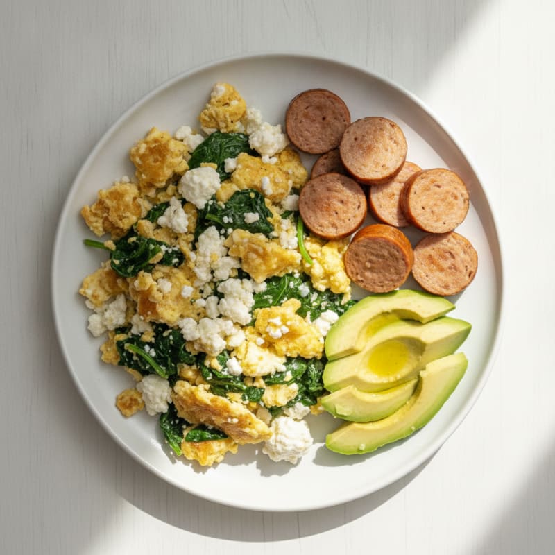 Cottage Cheese Scramble with Turkey Sausage and Spinach