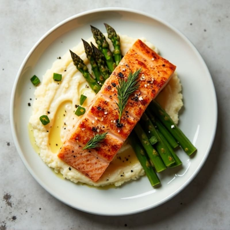 Seared Salmon with Roasted Asparagus and Cauliflower Mash