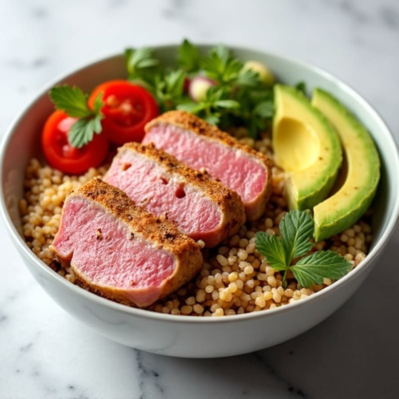 Fresh Tuna and Brown Rice Bowl with Creamy Avocado and Crunchy Vegetables