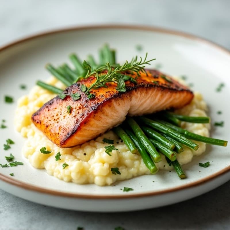 Seared Salmon with Lemon Herb Green Beans and Cauliflower Mash