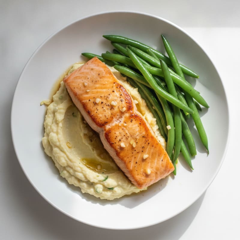 Seared Salmon with Steamed Green Beans and Mashed Cauliflower
