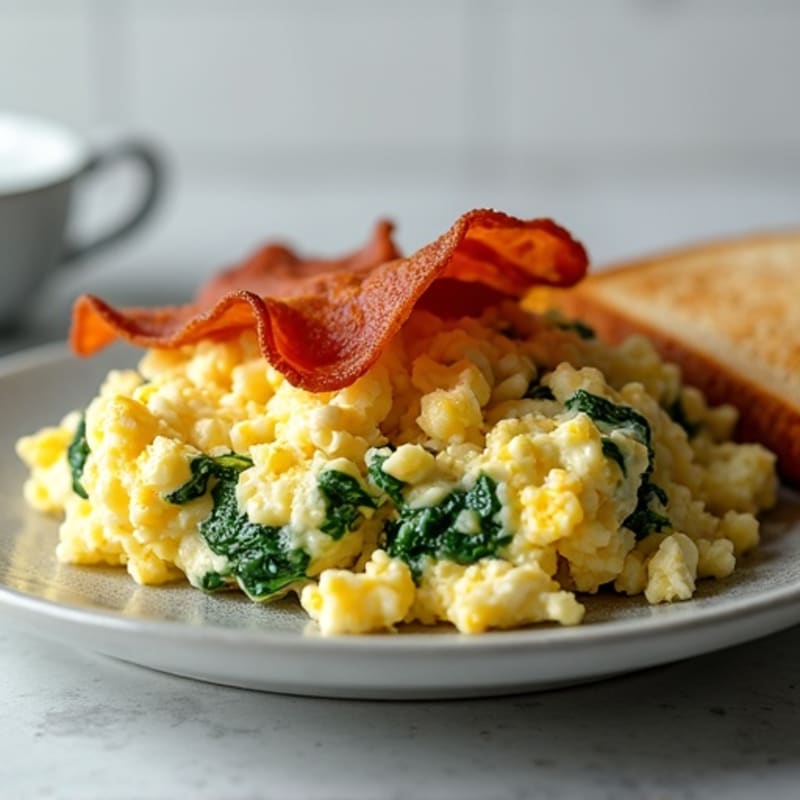 Egg White Spinach Scramble with Cottage Cheese and Turkey Bacon